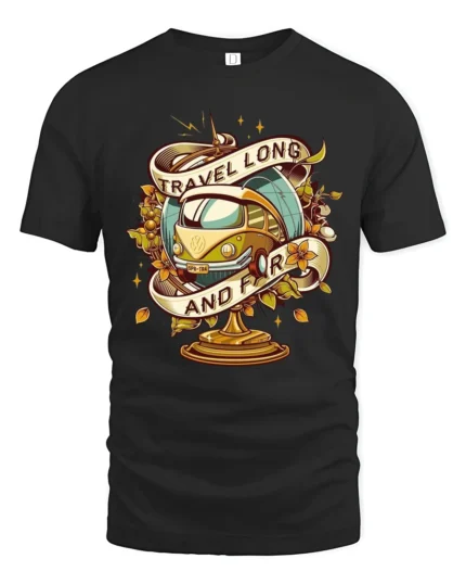 Vintage Travel Long And Far Van Globe Graphic Soft Tshirt - black t-shirt on white background