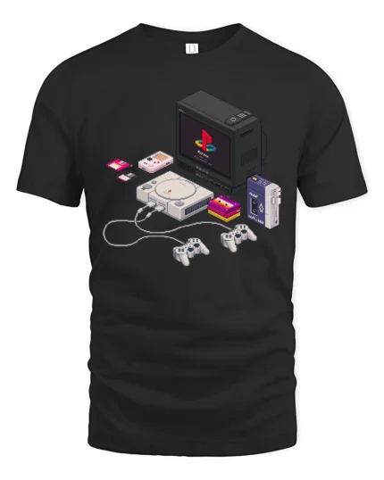 Retro Pixel Tech Console And Walkman Isometric Graphic Tshirt - black t-shirt on white background