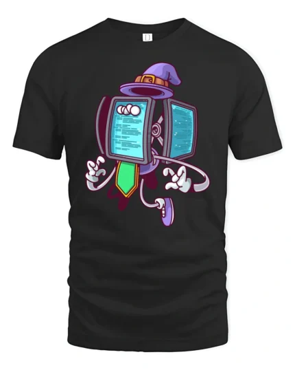 Coding Wizard Robot Purple Hat Programming Soft Tshirt - black t-shirt on white background