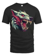 Savage Beast Wolf Snarling Red Eye Graphic Horror Tshirt - black t-shirt on white background
