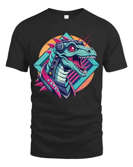 Cybernetic Mecha T Rex Dinosaur Retro Sci Fi Graphic Tee - black t-shirt on white background