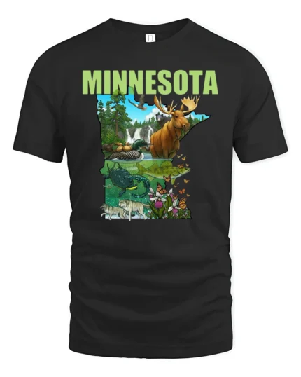 Discover Minnesota State Animal Collage Explorer Soft Tshirt - black t-shirt on white background