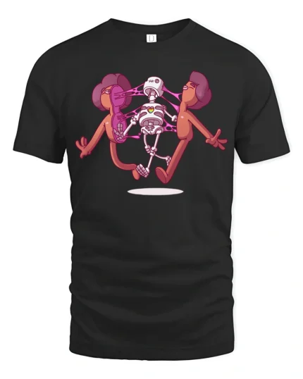 Rainbow Heart Skeleton Pulling Skin Apart Graphic Tshirt - black t-shirt on white background
