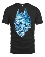 Blue Frost Wolf King With Skulls Midnight Graphic Tshirt - black t-shirt on white background