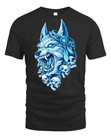 Blue Frost Wolf King With Skulls Midnight Graphic Tshirt - black t-shirt on white background
