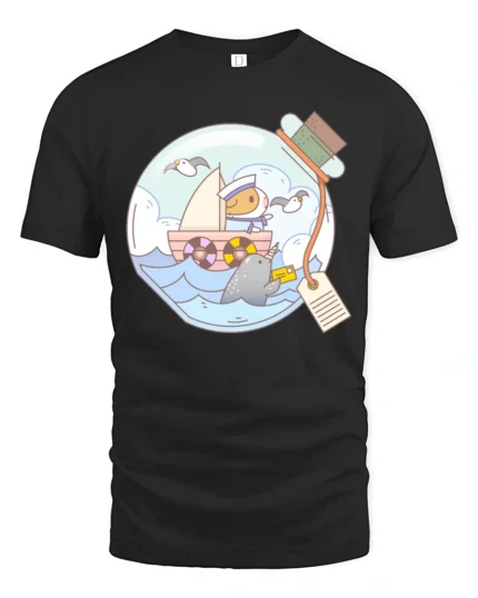 Whimsical Guinea Pig Sailor Narwhal Message Bottle Tshirt - black t-shirt on white background