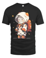 Cute Chibi Space Explorer Orange Accent Graphic Tshirt - black t-shirt on white background