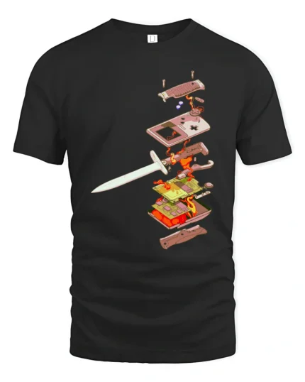 Epic Retro Handheld Console Sword Pierced Graphic Tshirt - black t-shirt on white background