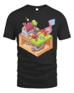 Isometric Superhero Farm Secret Spaceship Graphic Tshirt - black t-shirt on white background