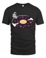 Surreal Astronaut Vinyl Record Space Galaxy Graphic Tshirt - black t-shirt on white background