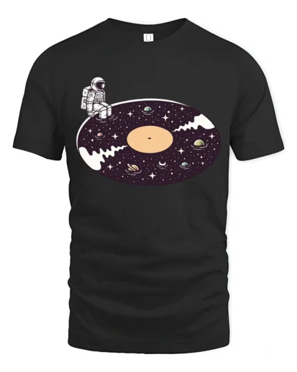 Surreal Astronaut Vinyl Record Space Galaxy Graphic Tshirt - black t-shirt on white background
