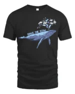 Whimsical Whale Save The Ocean Marine Pollution Graphic Tshirt - black t-shirt on white background
