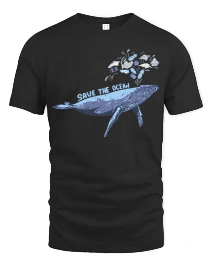 Whimsical Whale Save The Ocean Marine Pollution Graphic Tshirt - black t-shirt on white background
