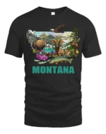 Montana State Map Wildlife Nature Adventure Graphic Tshirt - black t-shirt on white background