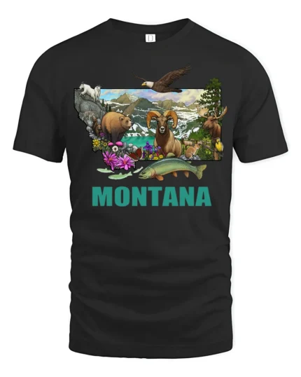 Montana State Map Wildlife Nature Adventure Graphic Tshirt - black t-shirt on white background
