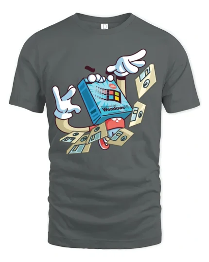 Retro Floppy Disk Windows 98 Cartoon Character Graphic Tee - gray t-shirt on white background