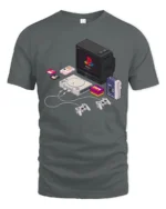 Retro Pixel Tech Console And Walkman Isometric Graphic Tshirt - gray t-shirt on white background