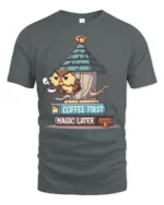 Funny Grumpy Owl Coffee First Magic Later Novelty Tshirt - gray t-shirt on white background