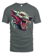 Savage Beast Wolf Snarling Red Eye Graphic Horror Tshirt - gray t-shirt on white background