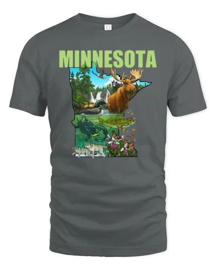 Discover Minnesota State Animal Collage Explorer Soft Tshirt - gray t-shirt on white background