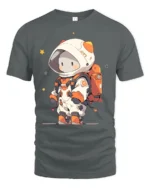 Cute Chibi Space Explorer Orange Accent Graphic Tshirt - gray t-shirt on white background