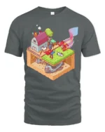 Isometric Superhero Farm Secret Spaceship Graphic Tshirt - gray t-shirt on white background