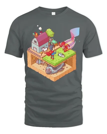 Isometric Superhero Farm Secret Spaceship Graphic Tshirt - gray t-shirt on white background