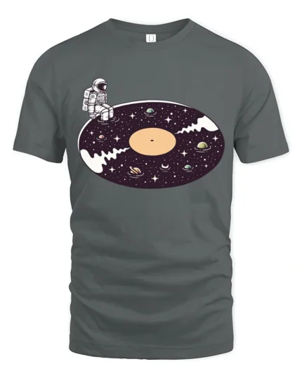Surreal Astronaut Vinyl Record Space Galaxy Graphic Tshirt - gray t-shirt on white background