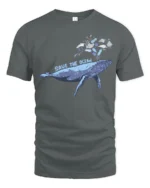 Whimsical Whale Save The Ocean Marine Pollution Graphic Tshirt - gray t-shirt on white background