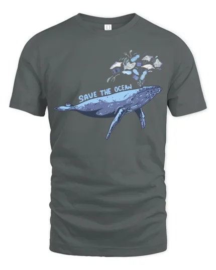 Whimsical Whale Save The Ocean Marine Pollution Graphic Tshirt - gray t-shirt on white background