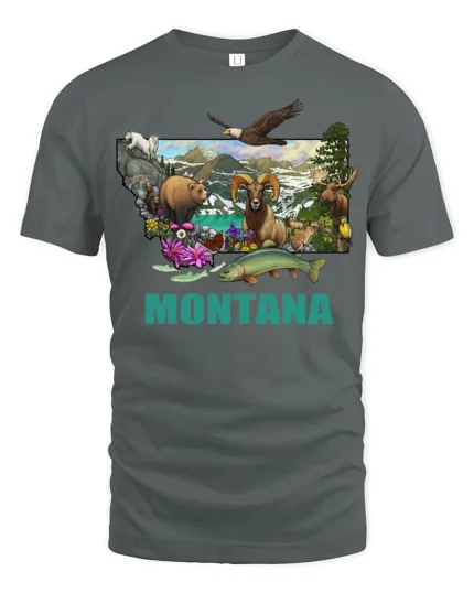 Montana State Map Wildlife Nature Adventure Graphic Tshirt - gray t-shirt on white background