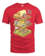 Surreal Isometric Office School Life Layers Graphic Tshirt - red t-shirt on white background