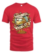 Vintage Travel Long And Far Van Globe Graphic Soft Tshirt - red t-shirt on white background
