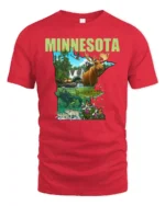 Discover Minnesota State Animal Collage Explorer Soft Tshirt - red t-shirt on white background