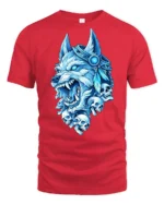 Blue Frost Wolf King With Skulls Midnight Graphic Tshirt - red t-shirt on white background