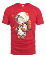 Cute Chibi Space Explorer Orange Accent Graphic Tshirt - red t-shirt on white background