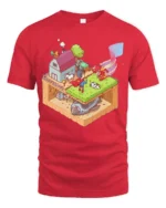 Isometric Superhero Farm Secret Spaceship Graphic Tshirt - red t-shirt on white background