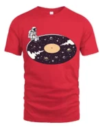 Surreal Astronaut Vinyl Record Space Galaxy Graphic Tshirt - red t-shirt on white background