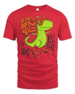 Funny Lets Roll Dinosaur Roller Skating Graphic Tshirt - red t-shirt on white background
