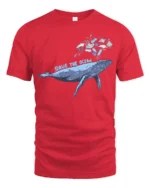 Whimsical Whale Save The Ocean Marine Pollution Graphic Tshirt - red t-shirt on white background