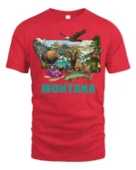 Montana State Map Wildlife Nature Adventure Graphic Tshirt - red t-shirt on white background