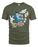 Retro Floppy Disk Windows 98 Cartoon Character Graphic Tee - military green t-shirt on white background
