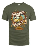 Vintage Travel Long And Far Van Globe Graphic Soft Tshirt - military green t-shirt on white background