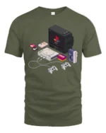 Retro Pixel Tech Console And Walkman Isometric Graphic Tshirt - military green t-shirt on white background