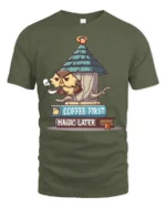 Funny Grumpy Owl Coffee First Magic Later Novelty Tshirt - military green t-shirt on white background