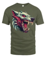 Savage Beast Wolf Snarling Red Eye Graphic Horror Tshirt - military green t-shirt on white background