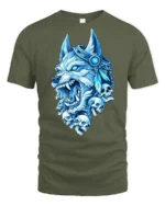 Blue Frost Wolf King With Skulls Midnight Graphic Tshirt - military green t-shirt on white background