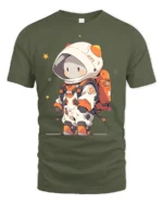 Cute Chibi Space Explorer Orange Accent Graphic Tshirt - military green t-shirt on white background