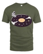 Surreal Astronaut Vinyl Record Space Galaxy Graphic Tshirt - military green t-shirt on white background