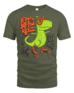 Funny Lets Roll Dinosaur Roller Skating Graphic Tshirt - military green t-shirt on white background